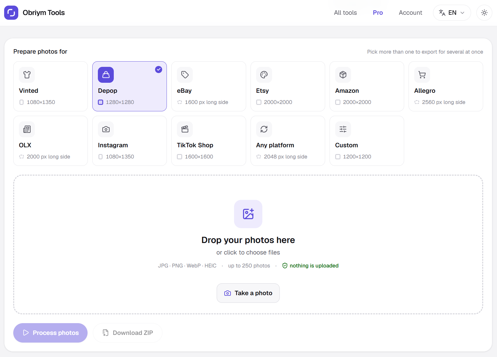 Strumenti online - Obriym Tools — un'applicazione web con strumenti gratuiti per venditori sui marketplace (Vinted, eBay, Etsy, Amazon, Depop, Allegro, OLX, Instagram, TikTok Shop).

Lo strumento principale è un elaboratore di foto che funziona interamente nel browser: le immagini non lasciano mai il dispositivo dell'utente, garantendo la privacy. Include preset per ogni piattaforma, esportazione simultanea su più marketplace (cross-listing), conversione da HEIC a JPG, filigrane, dimensioni personalizzate e rimozione dello sfondo con AI direttamente sul dispositivo. Il secondo strumento converte i listini dei fornitori (CSV/XLSX/XML) nei formati richiesti dai marketplace. La versione Pro, con funzioni AI lato server (rimozione sfondo in HD, upscaling), viene venduta tramite WayForPay, con licenza legata all'email di acquisto.

Il sito è completamente localizzato in tre lingue (EN/IT/UK), inclusi slug SEO localizzati, hreflang e sitemap.